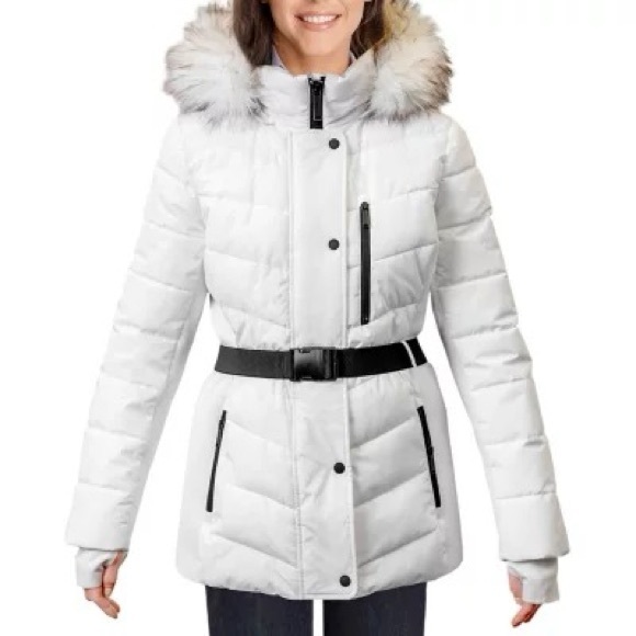 London Fog Jackets & Blazers - London Fog f.o.g White Belted Puffer with Faux Fur Hood Winter Coat
